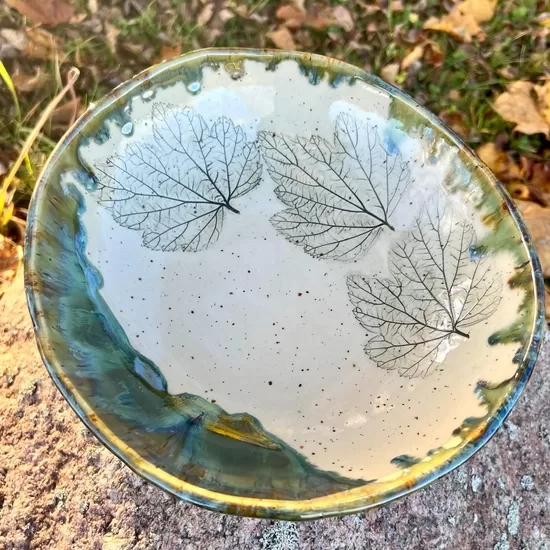 Large Stoneware Bowl with Green Leaves